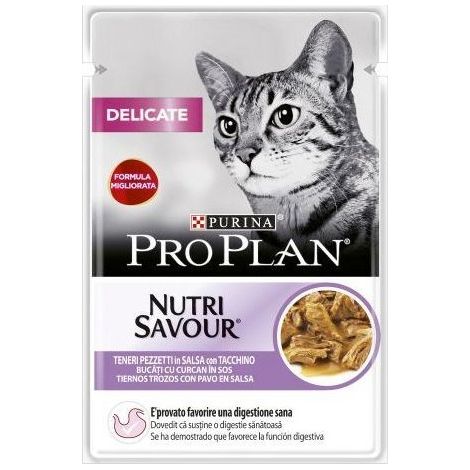 pro plan delicate, alimento umido per gatto teneri pezzetti in salsa con tacchino.