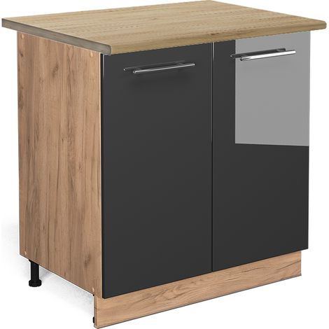 Spülenunterschrank Fame-Line, Anthrazit Hochglanz, 80 cm mit Regal, AP Eiche, Vicco
