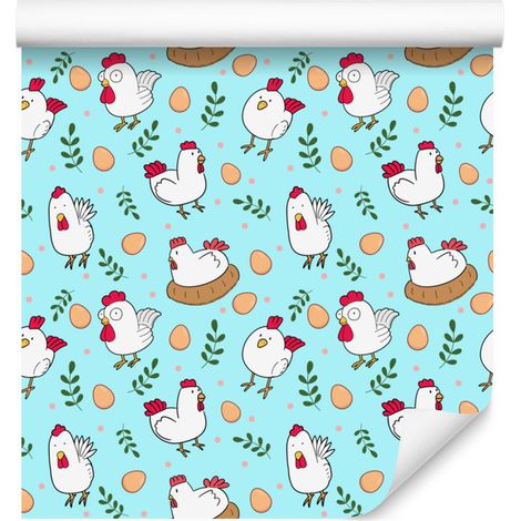 Papel pintado de gallinas en verde celadón y blanco para salón y dormitorio, 50x1000 cm. (1/5)