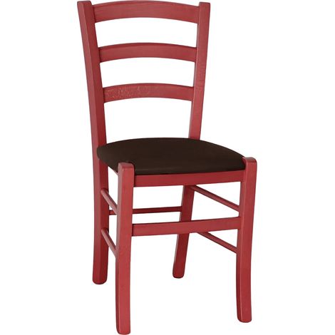 Silla de madera venecia roja con asiento en piel sintética marrón