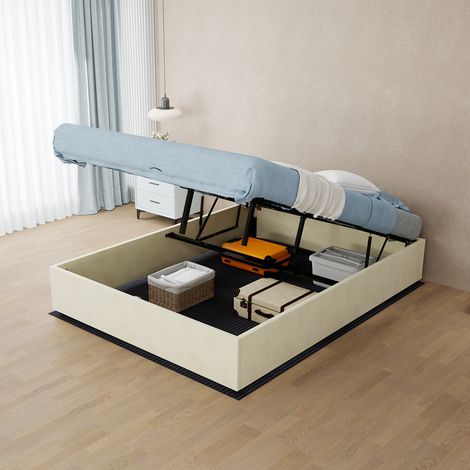 Cadre lit minimaliste moderne 140x200CM, beige, velours hollandais, vérins à gaz, moderne, tête de lit et matelas non inclus (1/5)