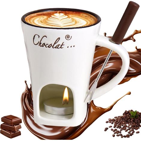 Schokoladenfonduebecher, 130 ml Schokoladenfondue-Set, Keramik-Schokoladenfonduebecher, Fonduebecher mit Gabel und Teelicht, Fonduebecher für Süßigkeiten und Schokolade (1/5)