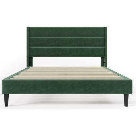 Cama capitoné 140 x 200 cm con somier de láminas y cabecero, terciopelo verde oscuro (1/5)