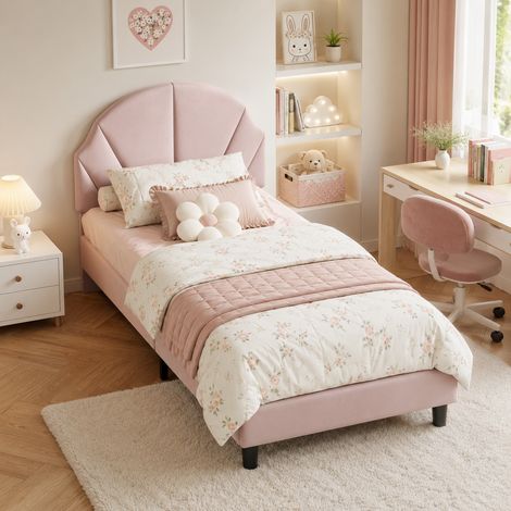 Lit Enfant 90x190 cm, lit Simple rembourré avec tête de lit réglable et sommier à Lattes, pour Filles, Adolescentes, Velours pour la Peau, sans Matelas, Rose (1/5)