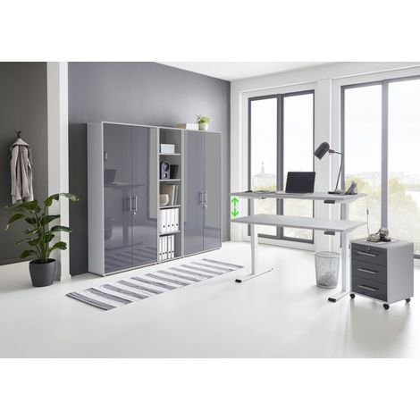 BMG Möbel Büromöbel komplett Set mit elektrisch höhenverstellbaren Schreibtisch Arbeitszimmer e-Dition in lichtgrau / anthrazit Hochglanz lackiert Gestell weiß