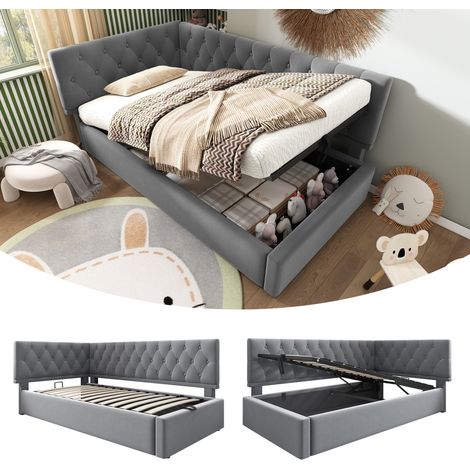 Lit banquette coffre en velours gris 90x190 cm, tête de lit réversible, sommier à lattes inclus (1/5)