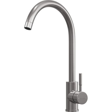 Modern Round Single Lever Kitchen Sink Mixer Tap - Top Fix Installation, 355 x 90 x 245mm, Brushed Steel Finish