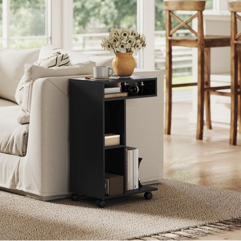 Mesa auxiliar en forma de C con 3 compartimentos, 4 ruedas, 40 x 30 x 69 cm, negra OKMYHOME (1/5)