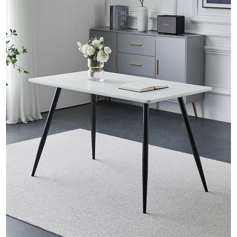 Hallowood Furniture Cullompton Rectangular Marble Effect Top White Dining Table with Black Metal Legs, 4-6 Seater Small Marble Table for Dining rooms, Kitchens, or Cafés
