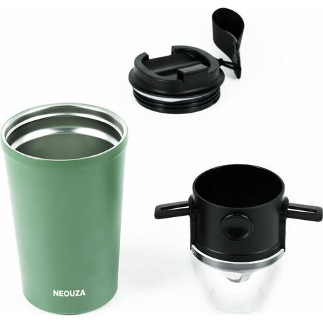 Goutteur à café avec gobelet isotherme – Filtre en acier inoxydable réutilisable – Machine à café portable et pliable sans papier pour camping, voyage (gobelet vert + goutteur) (1/5)