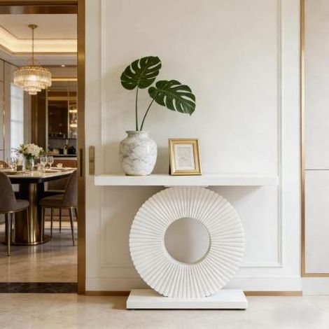 Tavolo consolle da ingresso, design glamour con struttura floreale e piedini regolabili, MDF e metallo bianco (1/5)