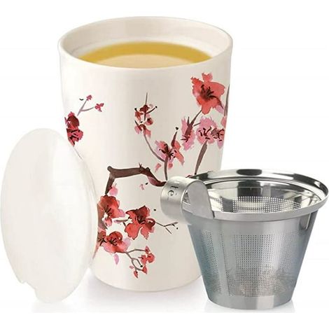 Kati Keramik-Teetasse mit Teesieb und Deckel, Kirschblütenmuster, für losen Tee, neu gestaltetes Design, neues Modell, 1 Stück (1/5)