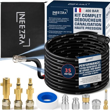 Kit 10-en-1 Débouchage, Tuyau 35 m, 5 Buses, 3 Adaptateurs Laiton, Pour Kärcher (1/5)