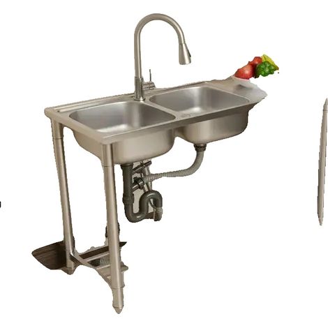 Évier de cuisine, acier inoxydable, double bac, autoportant, rotation du robinet à 360°, capacité de charge 150 kg (1/5)