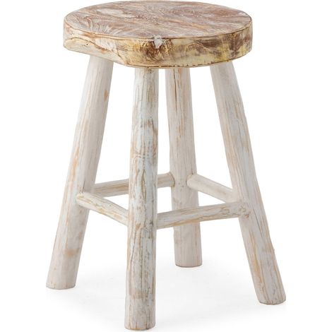 Tabouret Teck Blanc Esprit Vintage - Blanc lavé effet vieilli (1/4)