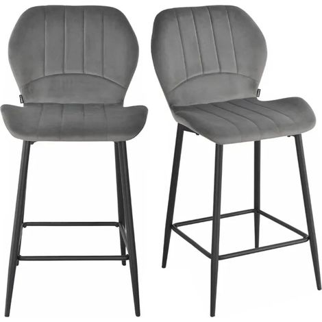 Lot 2 tabourets de bar velours gris foncé pieds métal - EMILIO 2 (1/5)