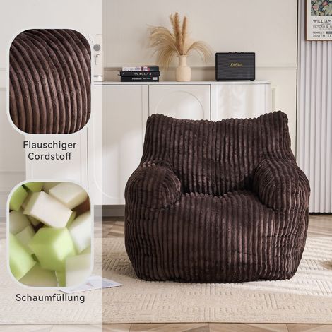 Fauteuil pouf en mousse touffée souple avec tissu en velours côtelé,marron