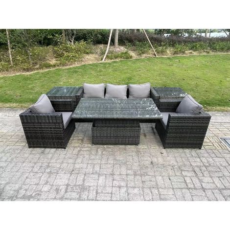 Fimous Rattan Garden Furniture Sofa Set Outdoor Adjustable Rising Lifting Dining Table Set with 2 Armchairs 2 Side Tables Dark Grey Mixed (1/5)