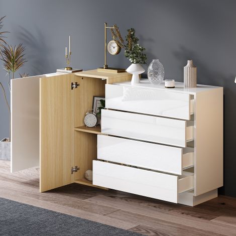 Buffet laqué brillant, meuble de salle à manger moderne avec espace de rangement, meuble de rangement moderne minimaliste effet bois