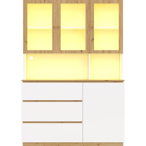 Vetrina alta con illuminazione LED 120 x 200 cm in MDF bianco e rovere (1/5)