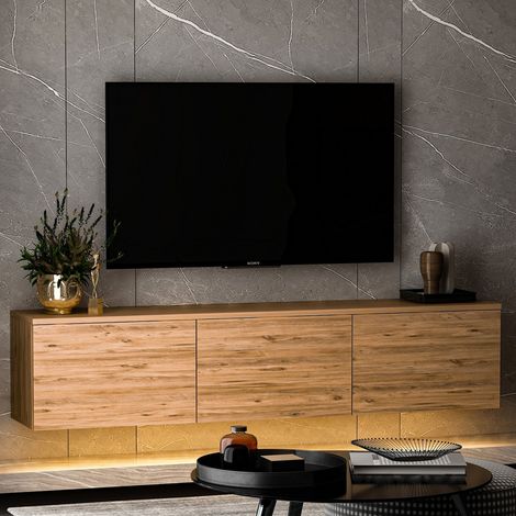 Mueble TV Marazzi, 3 Compartimentos, 3 Puertas, Apertura Abatible, 160x32x35h cm Roble Marrón (1/5)