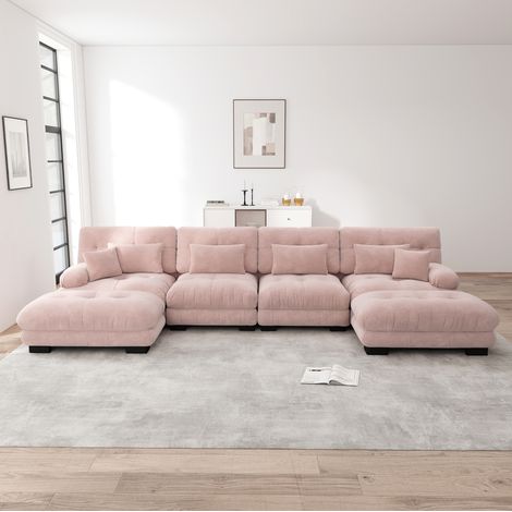 Sofá modular en U rosa de chenilla con otomana móvil y asiento profundo (1/5)