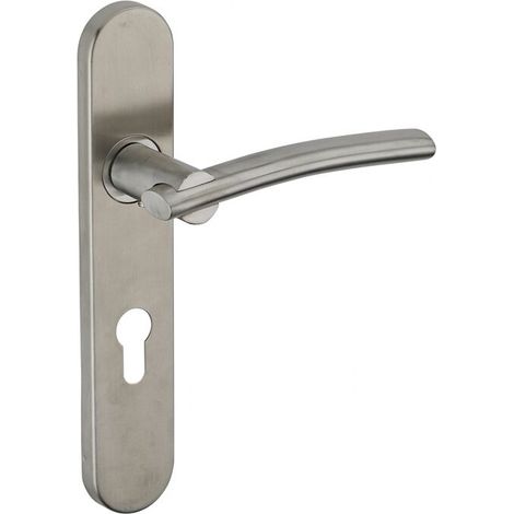 Poignée de porte d'entrée à cylindre – Inox brossé – Entr'axe 195 mm – Dimensions carré 7 mm – Plaques inox 304 embouti (1/4)