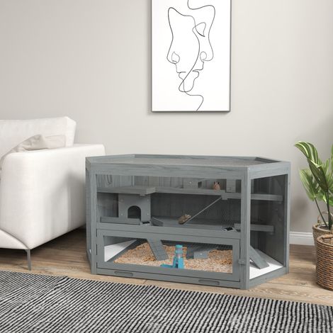 Jaula para roedores 115 x 60 x 55 cm de madera gris, 3 niveles, techo abatible – MEUBLIV (1/5)