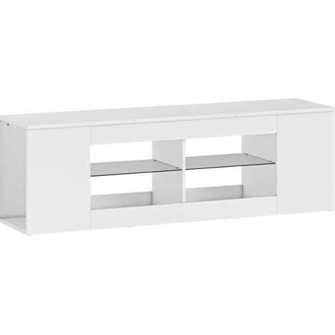 Mueble TV de 140 cm con 6 compartimentos y 2 estantes de cristal en tablero de partículas blanco (1/5)