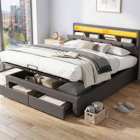 Cama tapizada moderna de lino gris oscuro 180x200 cm con cabecero LED y somier de láminas