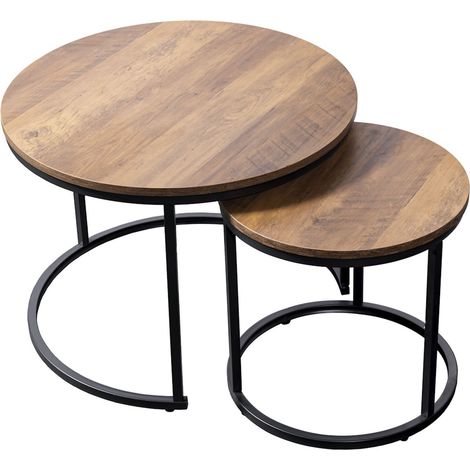Home Heavenly® – Pack de 2 mesas auxiliares redondas KIO, diseño apilable con estructura metálica negra y tapas en acabado roble Color: Roble (1/4)