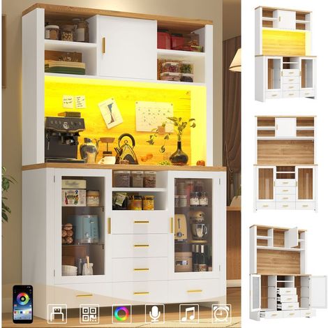 Country Style Buffet 120x40x188 cm with LED Lighting, 6 Drawers and 7 Doors – White and Wood Storage Unit (1/5)