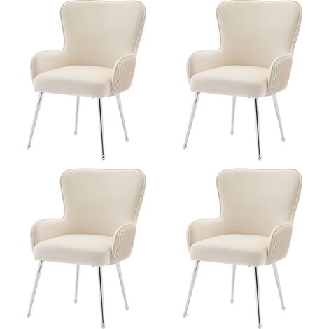 Chaise de salle à manger en velours, lot de 4, luxueuse, pour salon et chambre, chaise de salon avec quatre pieds de support en métal argenté, avec accoudoirs et pieds réglables, soutien lombaire, bei (1/5)
