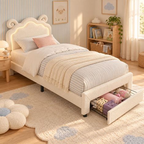 Cama infantil individual 90x200 cm, cabecero de oveja con LED, cajón con ruedas y tejido efecto bouclé, diseño divertido, beige (1/5)