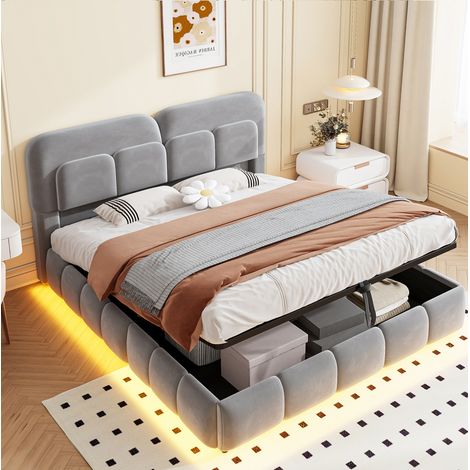 Letto contenitore 140x200 cm con LED e apertura idraulica, testiera imbottita, rivestimento in velluto - grigio (1/5)
