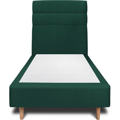Lit 90x200cm avec tête de lit lignes velours et sommier tapissier vert - Hauteur totale : 35cm (1/4)