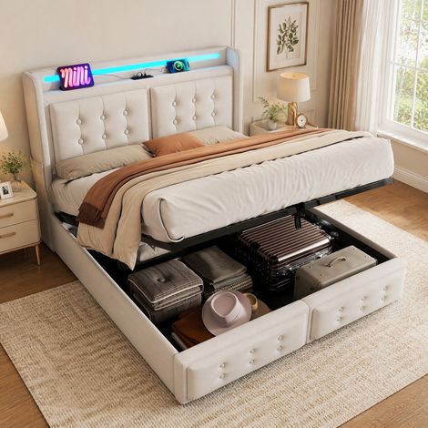 CHICFURN Letto contenitore 160x200 cm in tessuto beige con LED, USB-C e vano portaoggetti (1/5)