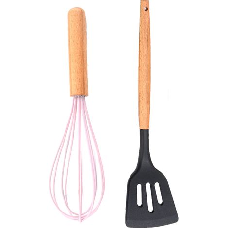 Ustensiles De Cuisine En Silicone - Poignée En Bois Résistant À La Chaleur - Pour Casseroles Antiadhésives - Lot De 2 Pièces (1/5)