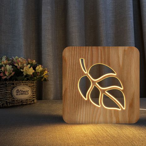 Veilleuse décorative en bois massif forme feuille, lampe LED 3D ambiance chambre (1/4)