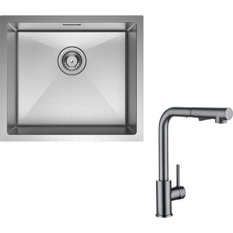 Unterbauspüle mit 1 Becken 50×44CM Edelstahlspüle Gebürstete + Küchenarmatur mit 2 Strahlarten Grau ausziehbarer Spültischarmatur, Höhe 345 mm