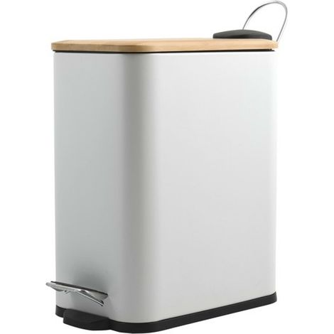 Pattumiera bagno 5 Lt in acciaio con coperchio in bambù bianca con apertura a pedale Rexa (1/5)