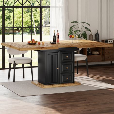 Mesa de comedor extensible 138-220 x 39 x 105 cm con dos cajones grandes botellero y compartimento de almacenaje color madera natural (1/5)