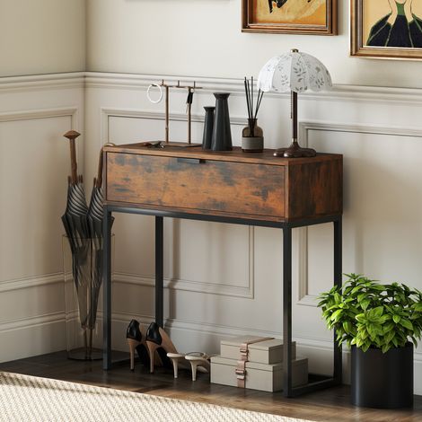 Mesa consola, mesa de recibidor con cajón, diseño industrial, para recibidor o salón, 80x30x76 cm, negra (1/5)