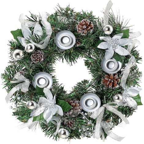 Porte-bougie de table pour couronne de Noël en forme de pomme de pin et baies, 30 cm de diamètre - Argenté (1/2)