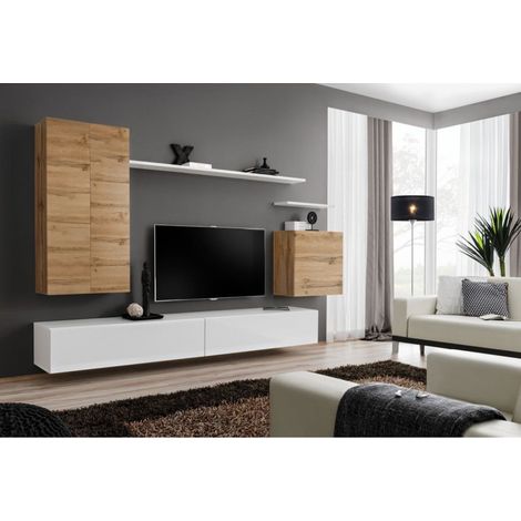 Ensemble mural - Switch II  - 1 vitrine LED - 1 banc TV - 1 étagère murale - Bois et blanc - Modèle 1 - Livraison gratuite