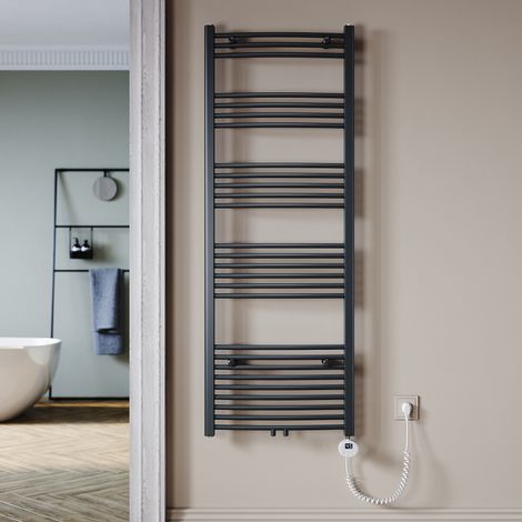 SONNI Badezimmerheizkörper elektrischer Thermostat Handtuchhalter Handtuchtrockner Mittelanschluss Anthrazit gebogen 1640x600mm Leistung 900W