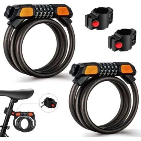 (2 Pack) Antivol, Serrure à câble à haute sécurité pour vélo 120cm/12mm, Chaînes à combinaison 5-chiffres étanches à l'eau et réglables pour vélo, cyclisme, moto, porte, Noir