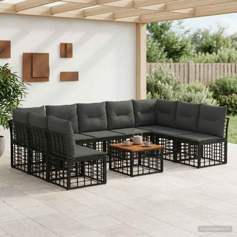 Ensemble canapé de jardin modulable 10 pièces en polyrotin noir et gris foncé - PANGIVO (1/5)