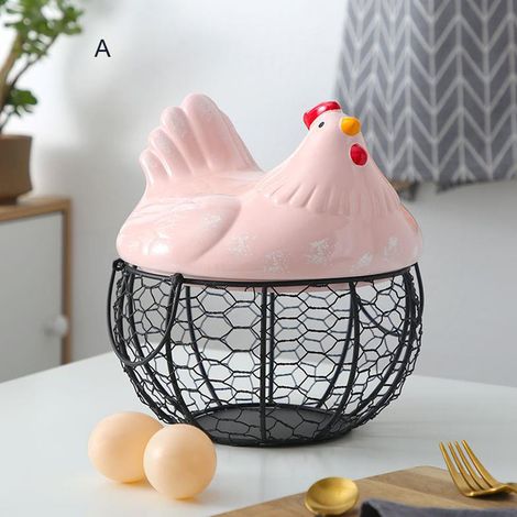 Cestino in filo metallico con coperchio in ceramica, cestino per frutta, cestino per uova, cestino decorativo per la cucina, cestino portaoggetti per la casa (1/5)