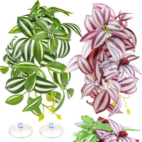 Lot de 2 plantes artificielles pour terrarium, feuilles artificielles avec ventouses, plantes à suspendre pour dragons barbus, lézards, serpents, geckos, grenouilles – Violet et vert (1/5)